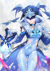 Rule 34 | 1girl, absurdres, bare shoulders, blue gloves, blue hair, bodystocking, cicin (genshin impact), cicin mage (genshin impact), clothing cutout, commentary request, cowboy shot, cryo cicin mage (genshin impact), fur trim, genshin impact, gloves, highres, holding, hood, linreplica, long sleeves, pink lips, short hair, shoulder cutout, smile, solo, standing, thighs, wide sleeves