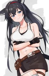 Rule 34 | 1girl, absurdres, animal ears, arknights, bare shoulders, belt, black gloves, black hair, black skirt, blaze (arknights), blue eyes, blush, breasts, brown belt, cat ears, collarbone, commentary request, cowboy shot, crop top, gloves, hairband, highres, large breasts, long hair, looking at viewer, midriff, miniskirt, navel, poyano, red hairband, skirt, smile, solo, standing, stomach, tank top, very long hair, white tank top