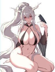 Rule 34 | 1girl, angelique, arknights, bare shoulders, bikini, bird, bird on hand, black bikini, breasts, commentary, detached sleeves, grey eyes, hair between eyes, hand up, highres, horns, huge breasts, long hair, long sleeves, looking at viewer, parted lips, pointy ears, ponytail, shining (arknights), sidelocks, silver hair, simple background, sitting, smile, solo, swimsuit, thighs, very long hair, white background, wide sleeves