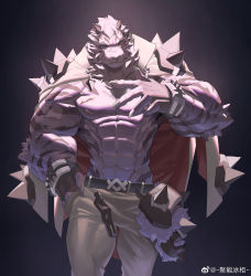Rule 34 | 1boy, abs, absurdres, animal ears, arknights, bara, bare pectorals, blood, chain, chain necklace, feet out of frame, fingernails, furry, furry male, highres, jacket, jacket on shoulders, jewelry, ju neng binggui, looking at viewer, male focus, mountain (arknights), muscular, muscular male, necklace, nipples, pants, pectorals, scar, scar across eye, scar on face, sharp fingernails, short hair, solo, spotlight, stomach, tail, thighs, tiger boy, tiger ears, tiger tail, veins, white fur, white pants