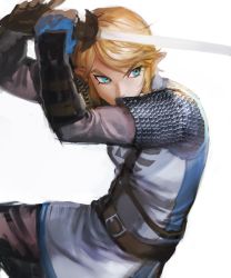 Rule 34 | 1boy, androgynous, armor, bad id, bad twitter id, belt, blonde hair, blue eyes, chainmail, charcoalo, gloves, hyrule warriors, link, male focus, nintendo, pointy ears, scale armor, solo, sword, the legend of zelda, uniform, weapon