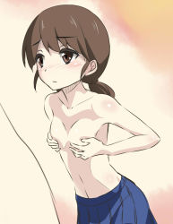 Rule 34 | 10s, 1girl, areola slip, blush, brown hair, covering privates, covering breasts, covering nipples, gradient background, heavens thunder (byakuya-part2), highres, kantai collection, long hair, shirayuki (kancolle), skirt, solo, topless, twintails