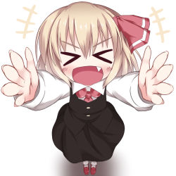 Rule 34 | &gt;:d, &gt; &lt;, 1girl, :d, black dress, blonde hair, carry me, dress, closed eyes, facing viewer, fang, from above, hair ribbon, open mouth, outstretched arms, razy (skuroko), ribbon, rumia, short hair, smile, solo, touhou, v-shaped eyebrows