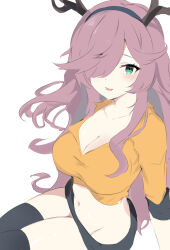 Rule 34 | 1girl, antlers, arknights, black shorts, black thighhighs, breasts, cleavage, coldshot (arknights), collarbone, cowboy shot, crop top, cropped shirt, from above, green eyes, grey hairband, groin, hair over one eye, hairband, horns, light blush, long hair, looking at viewer, medium breasts, midriff, navel, one eye covered, open mouth, orange shirt, pink hair, raifu (rf), shirt, shorts, simple background, sitting, sketch, sleeves past elbows, smile, solo, thighhighs, white background
