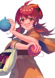 Rule 34 | 1girl, ahoge, balloon, blush, breasts, cotton candy, cowboy shot, dot nose, floral print, hair between eyes, hands up, highres, holding, holding balloon, idolmaster, idolmaster shiny colors, japanese clothes, kimono, komiya kaho, long hair, long sleeves, looking at viewer, mask, mask on head, medium breasts, obi, open mouth, print kimono, red eyes, red hair, sash, simple background, smile, solo, standing, ukimesato, v-shaped eyebrows, water balloon, white background, wide sleeves, yellow kimono
