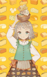 Rule 34 | 1girl, :t, apron, arm up, basket, cheese, cheese print, egg, food, food on face, food print, green eyes, grey hair, hand on own hip, holding, holding basket, long sleeves, original, short hair, skirt, solo, straight-on, upper body, vest, waist apron, yellow background, yunoto (conceit)