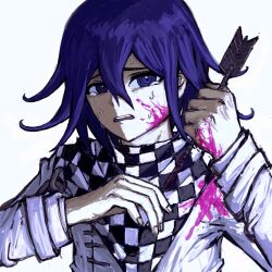 Rule 34 | 1boy, arrow (projectile), blood, blood on face, blue eyes, blue hair, checkered clothes, checkered scarf, danganronpa (series), danganronpa v3: killing harmony, grey background, grey jacket, hair between eyes, highres, holding, holding arrow, jacket, medium hair, open mouth, oma kokichi, pink blood, scarf, simple background, solo, sweat, teeth, upper body, upper teeth only, xiang (hako54559088)