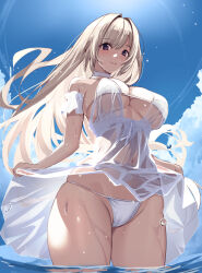 Rule 34 | 1girl, arm garter, bikini, bikini under clothes, blonde hair, blue sky, breasts, choker, clothes lift, cloud, commentary request, day, dress, dress lift, from below, hair intakes, highres, large breasts, lifted by self, long hair, looking at viewer, mole, mole under eye, navel, original, outdoors, partially submerged, purple eyes, see-through, see-through dress, sky, smile, solo, string bikini, sundress, sunlight, swimsuit, underboob, untue, wading, wet, wet clothes, wet dress, white bikini, white choker, white dress