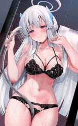 Rule 34 | 1girl, absurdres, black bra, black panties, blue archive, blush, bra, breasts, cleavage, closed mouth, collarbone, cowboy shot, grey hair, halo, headphones, highres, holding, holding shower head, large breasts, long hair, looking at viewer, mechanical halo, narushima kanna, navel, noa (blue archive), panties, purple eyes, shower head, smile, solo, thigh gap, underwear, underwear only, water, wet
