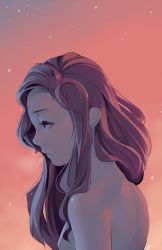 Rule 34 | 1girl, back, bad id, bad tumblr id, breasts, brown eyes, brown hair, freckles, from side, gradient background, highres, long hair, loy (loyproject), loyproject, nose, nude, original, sad, solo