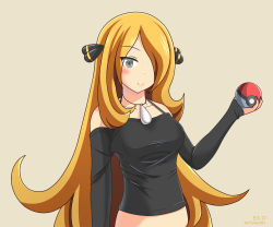 Rule 34 | 1girl, 2017, artist name, bare shoulders, black nails, blonde hair, blush, breasts, brown background, creatures (company), cynthia (pokemon), dated, eyes visible through hair, fingernails, game freak, grey eyes, hair ornament, hair over one eye, highres, holding, holding poke ball, jewelry, large breasts, long hair, looking at viewer, myukuni, nail polish, necklace, nintendo, off shoulder, poke ball, poke ball (basic), pokemon, pokemon dppt, simple background, smile, solo, standing, upper body