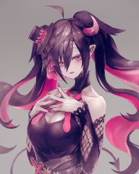 Rule 34 | 1girl, ahoge, alternate hairstyle, bare shoulders, black dress, black hair, breasts, cleavage, cleavage cutout, clothing cutout, commentary, demon tail, detached sleeves, dress, fingernails, grey background, half-closed eyes, halterneck, hat, highres, horns, ito daka, large breasts, long hair, looking at viewer, mini hat, multicolored hair, nail polish, nijisanji, open mouth, pale skin, pink eyes, pink hair, pink nails, pointy ears, sharp fingernails, solo, tail, twintails, two-tone hair, upper body, very long hair, virtual youtuber, yamiyono moruru