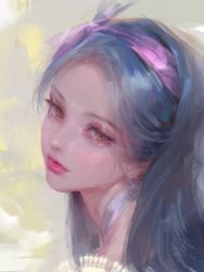 Rule 34 | 1girl, absurdres, blue hair, bm94199, earrings, expressionless, eyelashes, grey background, highres, jewelry, lips, lipstick, long hair, looking at viewer, looking back, makeup, nose, original, parted lips, portrait, simple background, solo, yellow eyes