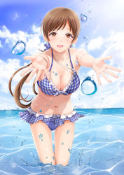 Rule 34 | 10s, 1girl, :d, bare arms, bare shoulders, bikini, bikini skirt, blue bikini, blue sky, blush, bracelet, breasts, brown eyes, brown hair, checkered bikini, checkered clothes, checkered ribbon, cleavage, cloud, collarbone, commentary request, day, earrings, foreshortening, frilled bikini, frills, front-tie bikini top, front-tie top, glint, hair ribbon, idolmaster, idolmaster cinderella girls, jewelry, kasumi seiki, leaning forward, long hair, looking at viewer, low ponytail, medium breasts, navel, nitta minami, ocean, open mouth, outdoors, palms, ribbon, sky, smile, solo, splashing, standing, stomach, summer, sunlight, swept bangs, swimsuit, tareme, thigh gap, wading, water, water drop
