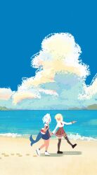 2girls bag beach black_thighhighs blonde_hair blue_sky blue_socks cloud commentary day faceless faceless_male fins fish_tail footprints gawr_gura ginotty hair_ornament hashtag-only_commentary highres holding_hands hololive hololive_english multiple_girls necktie outdoors shadow shark_tail short_hair skirt sky socks tail thighhighs virtual_youtuber watson_amelia white_hair