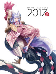 Rule 34 | 1girl, 2017, animal ears, bird, chicken, chinese zodiac, fox ears, fox girl, fox tail, hand fan, happy new year, highres, japanese clothes, kazuki seihou, kimono, md5 mismatch, new year, original, resolution mismatch, rooster, short hair, silver hair, slit pupils, solo, source larger, tail, year of the rooster, yellow eyes