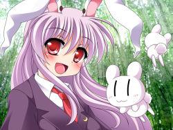 Rule 34 | 1girl, animal ears, bamboo, bamboo forest, blazer, blush, female focus, forest, jacket, long hair, nature, necktie, purple hair, rabbit ears, red eyes, red necktie, reisen udongein inaba, sagano mito, touhou