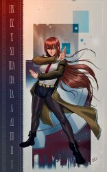 Rule 34 | 1girl, absurdres, belt, black footwear, black pants, blue eyes, boots, breasts, coat, commentary, commission, english commentary, expressionless, full body, gold belt, green coat, hair between eyes, highres, long hair, makise kurisu, medium breasts, necktie, pants, red hair, red necktie, shirt, signature, solo, steadyknight, steins;gate, very long hair, white shirt
