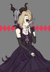 Rule 34 | 1girl, animal skull, artist name, bare shoulders, black nails, blonde hair, commentary, detached sleeves, dress, earrings, flower, frilled sleeves, frills, grey background, hair ornament, hair over one eye, hand up, highres, idolmaster, idolmaster cinderella girls, jewelry, looking at viewer, moz 142, multiple earrings, multiple rings, nail polish, necklace, parted bangs, parted lips, pendant, purple dress, red eyes, ring, shirasaka koume, short hair, skull hair ornament, solo, swept bangs, white flower