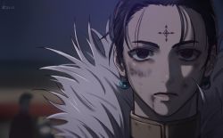 Rule 34 | 1boy, 2others, artist name, black eyes, black hair, blood, blood from mouth, blurry, blurry background, bruise, bruise on face, character request, chrollo lucilfer, close-up, commentary, earrings, english commentary, facial mark, forehead mark, fur trim, hichi(hichi), hunter x hunter, injury, jewelry, looking at viewer, male focus, multiple others, portrait, short hair, solo focus