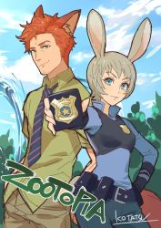 Rule 34 | 1boy, 1girl, animal ears, bad id, bad twitter id, belt, blue eyes, blue neckwear, blue pants, blue shirt, blue sky, bulletproof vest, rabbit ears, closed mouth, cloud, cloudy sky, commentary request, contrapposto, day, fox ears, fox tail, grey hair, hand on own hip, highres, holding, humanization, judy hopps, kotatsu (g-rough), necktie, nick wilde, outdoors, pants, police, police badge, police uniform, policewoman, pouch, red hair, shirt, short hair, signature, sky, smile, standing, tail, uniform, vest, zootopia