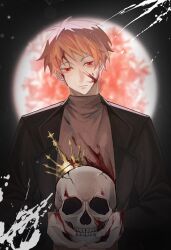 Rule 34 | 1boy, atou haruki, black jacket, blood, blood on clothes, blood on face, blood on hands, brown sweater, chinese commentary, closed mouth, commentary request, crown, film grain, highres, holding, holding skull, jacket, long sleeves, looking at viewer, male focus, open clothes, open jacket, orange hair, red eyes, saibou shinkyoku, shi mo qi wa, short hair, skull, solo, sweater, turtleneck, turtleneck sweater, upper body