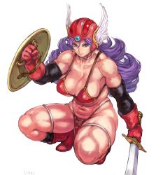 Rule 34 | 1girl, armor, bare shoulders, bikini, bikini armor, black socks, blue eyes, boots, breasts, cleavage, clenched hand, closed mouth, collarbone, commentary request, curly hair, detached sleeves, dragon quest, dragon quest iii, elbow gloves, full body, gloves, grey choker, hair between eyes, helmet, holding, holding shield, holding sword, holding weapon, knee boots, kneehighs, large breasts, loincloth, long hair, looking at viewer, muscular, muscular female, navel, purple hair, red armor, red bikini, red footwear, red gloves, shield, shu-mai, simple background, smile, socks, soldier (dq3), solo, squatting, swimsuit, sword, thick thighs, thigh strap, thighs, tsurime, v-shaped eyebrows, warrior, weapon, white background, winged helmet