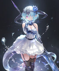 Rule 34 | 1girl, aqua hair, armor, bare shoulders, beckoning, belt, black thighhighs, blue hair, boots, breasts, cleavage, commentary request, cygames, diffraction spikes, dragon girl, dragon tail, dress, elbow gloves, filene (shadowverse), flower, frills, garter straps, gauntlets, gloves, granblue fantasy, greaves, hair flower, hair ornament, hair over one eye, holding, holding weapon, horns, light particles, looking at viewer, medium breasts, medium hair, outstretched hand, pink eyes, pointy ears, polearm, ponzu (catponz), reaching, reaching towards viewer, shadowverse, simple background, skirt, solo, sparkle, standing, tail, thighhighs, water, weapon, white dress, whitefrost dragonewt filene