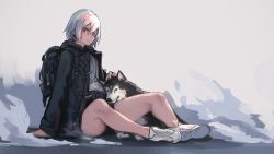 Rule 34 | 1girl, arm support, backpack, bag, bare legs, closed mouth, coat, dog, earrings, hair between eyes, highres, jewelry, looking at viewer, necklace, original, red eyes, shiroi suzume, shoes, short hair, short shorts, shorts, sitting, solo, white hair