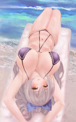 Rule 34 | 1girl, absurdres, acroyali, armpits, azur lane, beach, bikini, bow, breasts, covered erect nipples, from above, hair bow, highres, huge breasts, looking at viewer, looking up, lying, official alternate costume, on back, purple bikini, purple bow, sand, silver hair, solo, swimsuit, vittorio veneto (azur lane), vittorio veneto (the flower of la spezia) (azur lane), water, yellow eyes
