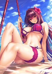 Rule 34 | 1girl, arm support, bare shoulders, bikini, blue sky, breasts, bridal garter, cleavage, day, fate/grand order, fate (series), fingernails, flower, gae bolg (fate), hair between eyes, hair flower, hair intakes, hair ornament, hibiscus, highres, hip focus, knee up, large breasts, leaning back, legs, long fingernails, long hair, navel, outdoors, parted lips, partially submerged, pink bikini, pinky out, piromizu, purple hair, red eyes, scathach (fate), scathach (fate/grand order), scathach (swimsuit assassin) (fate), sitting, sky, smile, solo, swimsuit, thighs, underboob, wet