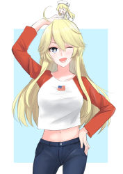 Rule 34 | 10s, 2girls, :&gt;, ;d, absurdres, ahoge, alternate costume, american flag, anchor symbol, arm up, blonde hair, blue eyes, blush, breasts, contrapposto, cowboy shot, denim, fairy (kancolle), flag print, hair between eyes, hand on own hip, hat, highres, iowa (kancolle), jeans, kantai collection, long hair, long sleeves, looking at viewer, medium breasts, midriff, mini person, minigirl, morinaga miki, multiple girls, navel, no headgear, on head, one eye closed, open mouth, pants, raglan sleeves, round teeth, sailor hat, shirt, short sleeves, sidelocks, smile, standing, star-shaped pupils, star (symbol), stomach, straight hair, symbol-shaped pupils, t-shirt, tareme, teeth, triangle mouth, two-tone background, white hat