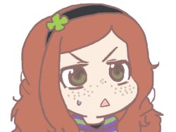 Rule 34 | &gt;:&lt;, 1girl, 4chan, :&lt;, artist request, chibi, closed mouth, clover, flat color, four-leaf clover, freckles, green eyes, gyate gyate, hairband, hood, hoodie, long hair, looking to the side, oekaki, open mouth, parted bangs, portrait, red hair, solo, striped clothes, striped hoodie, sweatdrop, swept bangs, transparent background, triangle mouth, v-shaped eyebrows, vivian james, wavy hair, wide-eyed