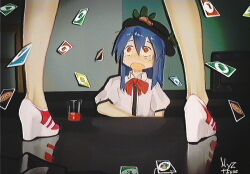Rule 34 | 2girls, black headwear, blue hair, blush, bow, bowtie, character request, collared shirt, commentary, english commentary, film grain, floating card, glass, hair between eyes, hat ornament, high heels, highres, hinanawi tenshi, indoors, legs, long hair, looking at another, looking up, multiple girls, nyztsune, open mouth, out of frame, puffy short sleeves, puffy sleeves, red bow, red bowtie, red eyes, red footwear, reflection, retro artstyle, shirt, short sleeves, sitting, touhou, two-tone footwear, uno (game), white footwear, white shirt