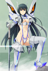 Rule 34 | 10s, 1girl, armor, bakuzan, black hair, blue eyes, boots, breasts, cleavage, cleavage cutout, clothing cutout, high heels, highres, junketsu, katana, kill la kill, kiryuuin satsuki, large breasts, living clothes, long hair, md5 mismatch, navel, prime, resolution mismatch, revealing clothes, source larger, spikes, suspenders, sword, thigh boots, thighhighs, weapon