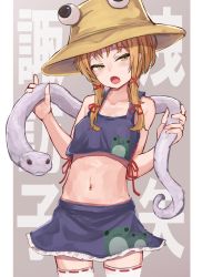 Rule 34 | 1girl, :o, adapted costume, animal print, bare shoulders, blonde hair, blush, border, breasts, brown hat, collarbone, crop top, frog print, grey background, hair ribbon, half-closed eyes, hat, highres, looking at viewer, midriff, mishaguji, moriya suwako, navel, open mouth, outside border, petticoat, pillarboxed, red ribbon, ribbon, ribbon-trimmed legwear, ribbon trim, short hair with long locks, simple background, small breasts, solo, taaru (taru), thighhighs, touhou, translation request, white border, white thighhighs, yellow eyes