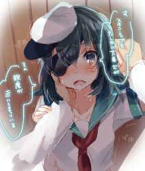 Rule 34 | 10s, 1girl, black hair, blush, eyepatch, hand on another&#039;s cheek, hand on another&#039;s face, hat, kantai collection, kiso (kancolle), long hair, neckerchief, nochita shin, open mouth, sailor hat, solo focus, translation request, upper body