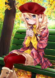 Rule 34 | autumn leaves, bench, black tea, blue eyes, blush, boots, braid, brown footwear, can, dating, hair between eyes, hair ornament, hair over shoulder, hat, holding, holding can, jacket, kawanobe, leaf, maple leaf, on bench, original, pantyhose, plaid, plaid jacket, red hat, red pantyhose, shorts, sidelocks, sitting, smile, solo, sweater, tea, tree, yellow sweater