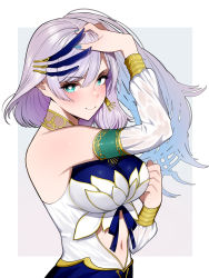 Rule 34 | 1girl, absurdres, arm up, bad id, bad pixiv id, bare shoulders, blue eyes, blue hair, blue nails, blush, breasts, closed mouth, clothing cutout, detached sleeves, from side, gradient hair, hair ornament, highres, hololive, hololive indonesia, large breasts, long hair, long sleeves, looking at viewer, midriff, multicolored hair, nail polish, navel, pavolia reine, plain 222, purple eyes, shirt, sleeveless, sleeveless shirt, smile, solo, stomach cutout, virtual youtuber