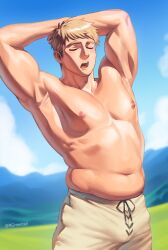 Rule 34 | 1boy, absurdres, arms behind head, arms up, bara, belly, biceps, blonde hair, blue sky, blush, bulge, closed mouth, cloud, cowboy shot, day, drawstring, dungeon meshi, grass, highres, laios touden, male focus, mountainous horizon, muscular, muscular male, navel, nifast (greentail), nipples, open mouth, outdoors, pants, pectorals, short hair, sky, solo, standing, teeth, tongue, twitter username, upper teeth only, very short hair, white pants, yawning