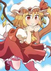 Rule 34 | 1girl, ascot, blonde hair, blush, closed mouth, crystal, flandre scarlet, hat, highres, long hair, mob cap, one side up, puffy short sleeves, puffy sleeves, red eyes, red footwear, red skirt, red vest, rokugou daisuke, shoes, short sleeves, signature, skirt, smile, socks, solo, touhou, vest, white hat, white socks, wings, yellow ascot