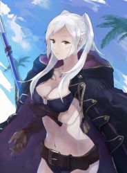 Rule 34 | 1girl, :d, arm under breasts, belt, bikini, breasts, brown eyes, brown gloves, cleavage, cloud, cloudy sky, coat, fire emblem, fire emblem awakening, fire emblem heroes, fish, gimkamres04, gloves, jewelry, looking at viewer, medium breasts, navel, necklace, nintendo, o-ring, o-ring bikini, open mouth, overcoat, parted lips, purple bikini, robin (female) (fire emblem), robin (fire emblem), sky, smile, solo, swimsuit, thigh strap, white hair