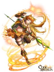 Rule 34 | 1girl, animal ears, arm up, arm wrap, blue eyes, breasts, brown footwear, brown gloves, brown hair, brown shorts, brown skirt, brown thighhighs, cat ears, claw (weapon), claws, code regalia, fingerless gloves, full body, gloves, holding, holding weapon, looking at viewer, navel, official art, open mouth, sheath, sheathed, shorts, single thighhigh, skirt, small breasts, solo, standing, standing on one leg, thigh strap, thighhighs, transparent background, weapon