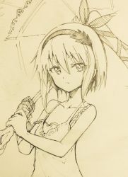 Rule 34 | 1girl, breasts, cleavage, closed mouth, commentary request, dress, edna (tales), gloves, hair ribbon, hairband, looking at viewer, millipen (medium), ribbon, short hair, side ponytail, simple background, single glove, solo, tales of (series), traditional media, tsunemi aosa, umbrella