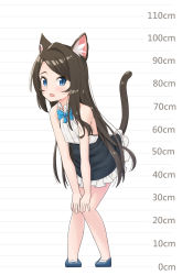 Rule 34 | 1girl, aina (mao lian), animal ear fluff, animal ears, bare arms, bare shoulders, black skirt, blue bow, blue bowtie, blue eyes, blue footwear, blush, bow, bowtie, brown hair, cat ears, cat tail, collared shirt, full body, hands on own knees, height chart, high-waist skirt, highres, long hair, looking at viewer, mao lian (nekokao), open mouth, original, shirt, shoes, skirt, sleeveless, sleeveless shirt, smile, solo, standing, tail, tail raised, very long hair, white shirt, wing collar