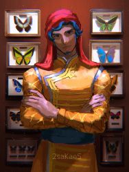 Rule 34 | 1boy, blue hair, bug, butterfly, chromatic aberration, closed mouth, commentary request, crossed arms, facial hair, fingernails, highres, hscatter, indoors, bug, insect collection, long sleeves, looking at viewer, lucifuges (megido72), male focus, megido72, red eyes, sash, solo, watermark