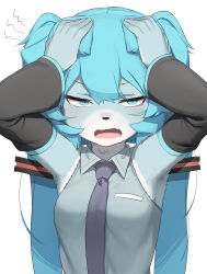 Rule 34 | 1girl, abmayo, armpits, body fur, collared shirt, d:, detached sleeves, fang, furry, furry female, green hair, green necktie, grey fur, grey shirt, hair ornament, hatsune miku, highres, long hair, necktie, open mouth, shirt, simple background, solo, twintails, two-tone fur, vocaloid, white fur