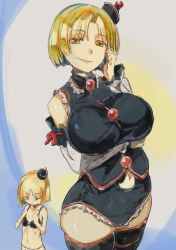 Rule 34 | 1girl, alternate breast size, black thighhighs, blonde hair, breasts, curvy, detached sleeves, flat chest, fundoshi, hand on own chest, hat, imagining, japanese clothes, large breasts, lunasa prismriver, multiple views, navel, skindentation, thighhighs, touhou, v-shaped eyebrows, yellow eyes, yohane