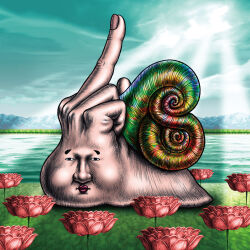 Rule 34 | 1other, 88kasyo junrei, album cover, cover, creature, expressionless, flower, full body, grass, highres, lips, looking at viewer, middle finger, outdoors, river, sky, snail, sunlight, surreal, taniguchi takashi, water