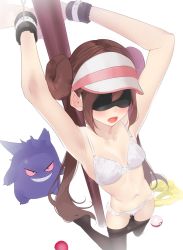 Rule 34 | 1girl, ama mitsuki, armpits, arms up, bdsm, black pantyhose, blindfold, blush, bondage, bound, bra, breasts, chainsaw, clothes pull, collarbone, covered eyes, creatures (company), dated, double bun, foreshortening, from above, game freak, gen 1 pokemon, gengar, hair bun, kneeling, long hair, navel, nintendo, open mouth, pantyhose, pantyhose pull, poke ball, poke ball (basic), pokemon, pokemon (creature), pokemon bw2, pole, rosa (pokemon), shorts, simple background, small breasts, stomach, twintails, twitter username, underwear, unworn shorts, very long hair, visor cap, white background, white bra, white headwear, yellow shorts